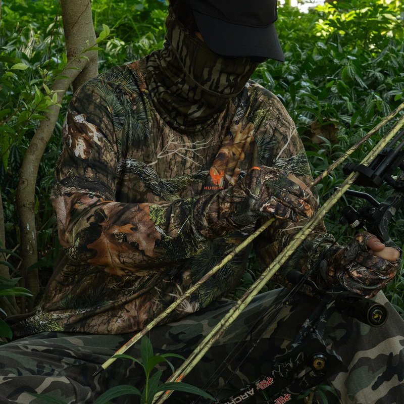 Huntrex Men's Camo Hunting Shirt with Zipper Pocket – UPF 50+ Fishing Shirts Sun Protection Long Sleeve Quick-Drying (Misty Thicket,L)
