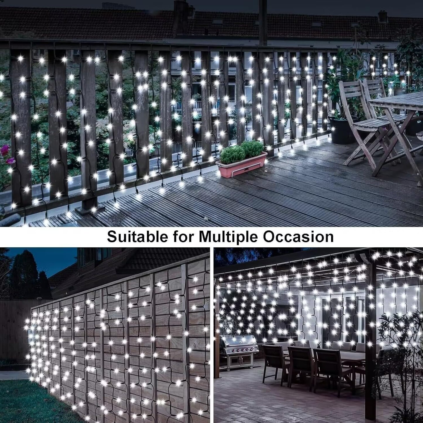 DBFAIRY Solar Curtain Lights,13ft x 3.3ft 200 LED Outdoor Solar Curtain Lights Waterproof Green Wire with 8 Mode for Garden Handrail Railing Eaves Wall Decoration -Cool White