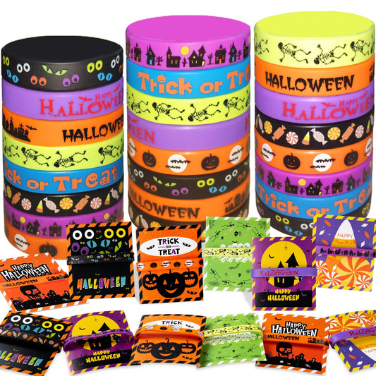 GuassLee Kids Halloween Party Favors - 40pcs Rubber Bracelets, Silicone Wristbands & Cards for Trick or Treat Gifts & Goodie Bag Fillers