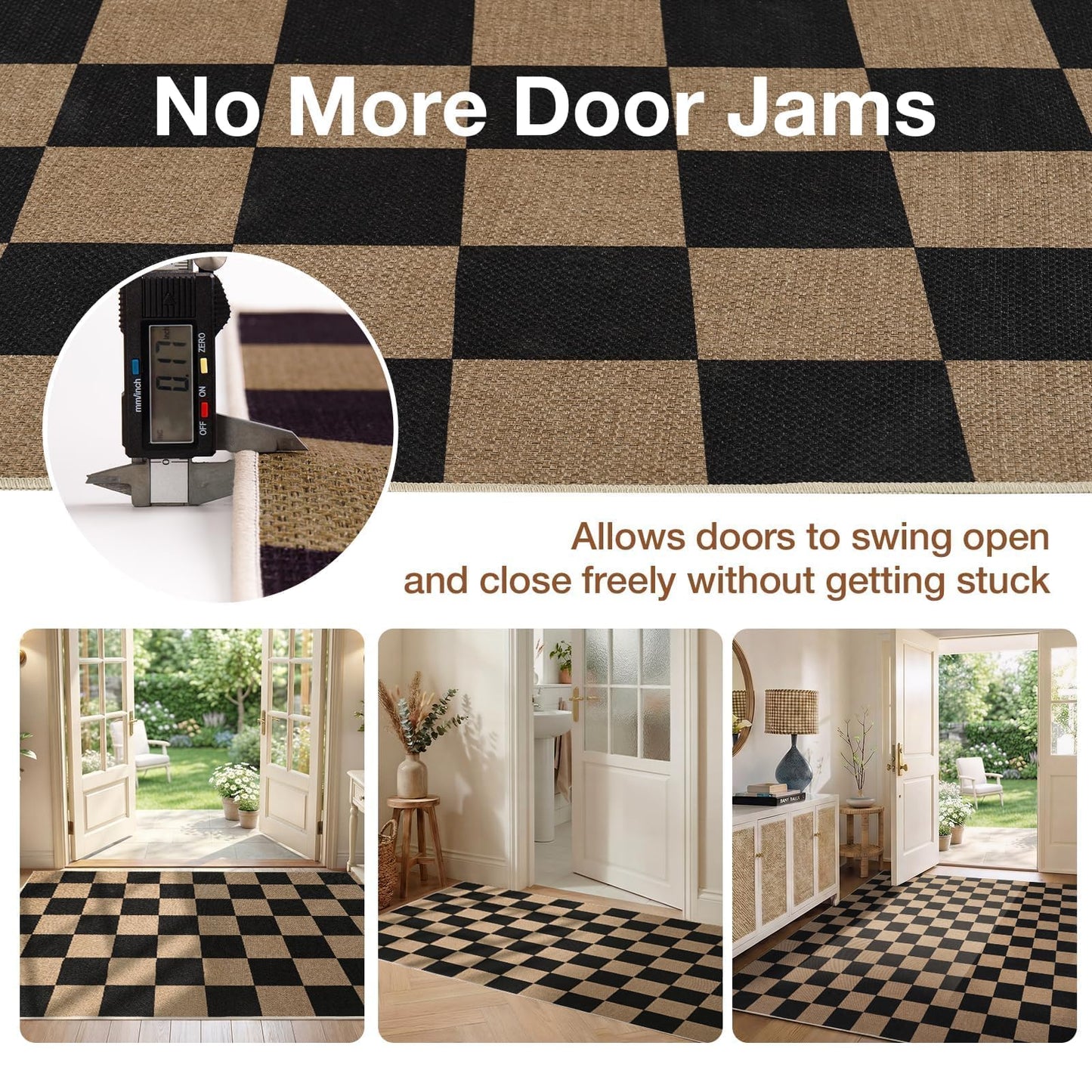 Sasttie Checkered Jute-Look Entryway Rug, 3x5 Washable Rug Front Door Mat, Non-Slip Neutral Farmhouse Throw Rugs for High Traffic Indoor & Outdoor, Natural/Black