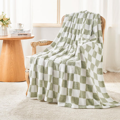 EMME Checkered Blanket Throw - 50"x60" Green Knit Blanket Soft Fluffy Patterned Throw Blankets for Couch, Sofa, Chair, Bed, Camping, Picnic, Travel