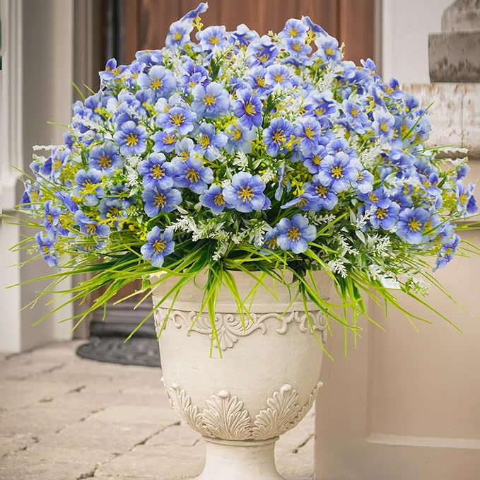 36pcs Faux Plants Outdoor, Uv Resistant Artificial Plants Outdoor Fake Flowers Plants Plastic Greenery Shrubs for Outside Window Box Garden Patio Porch Home Decor (Mixed Blue)