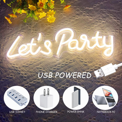 Let's Party Neon Sign, LED Neon Lights for Bedroom Wall Decor, Art Decorative Lights for Bachelorette Party, Engagement Party, Birthday Party, Living Room, Gamer Room Decor Aesthetic (Warm White)