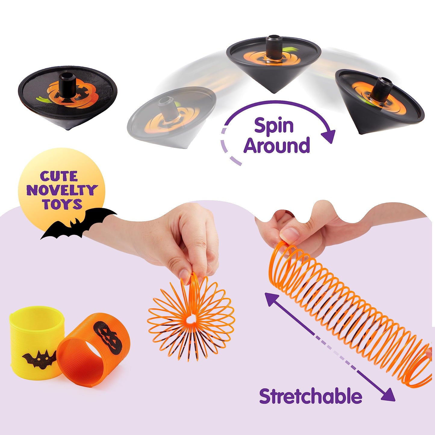 JOYIN 144 PCS Halloween Toy Gifts for Kid Trick or Treating, 24 Pack Prefilled Mini Pumpkin Buckets with Spider Ring, Popper, Spring, Vampire Teeth and Spinning Top, Halloween Party Favors Supplies