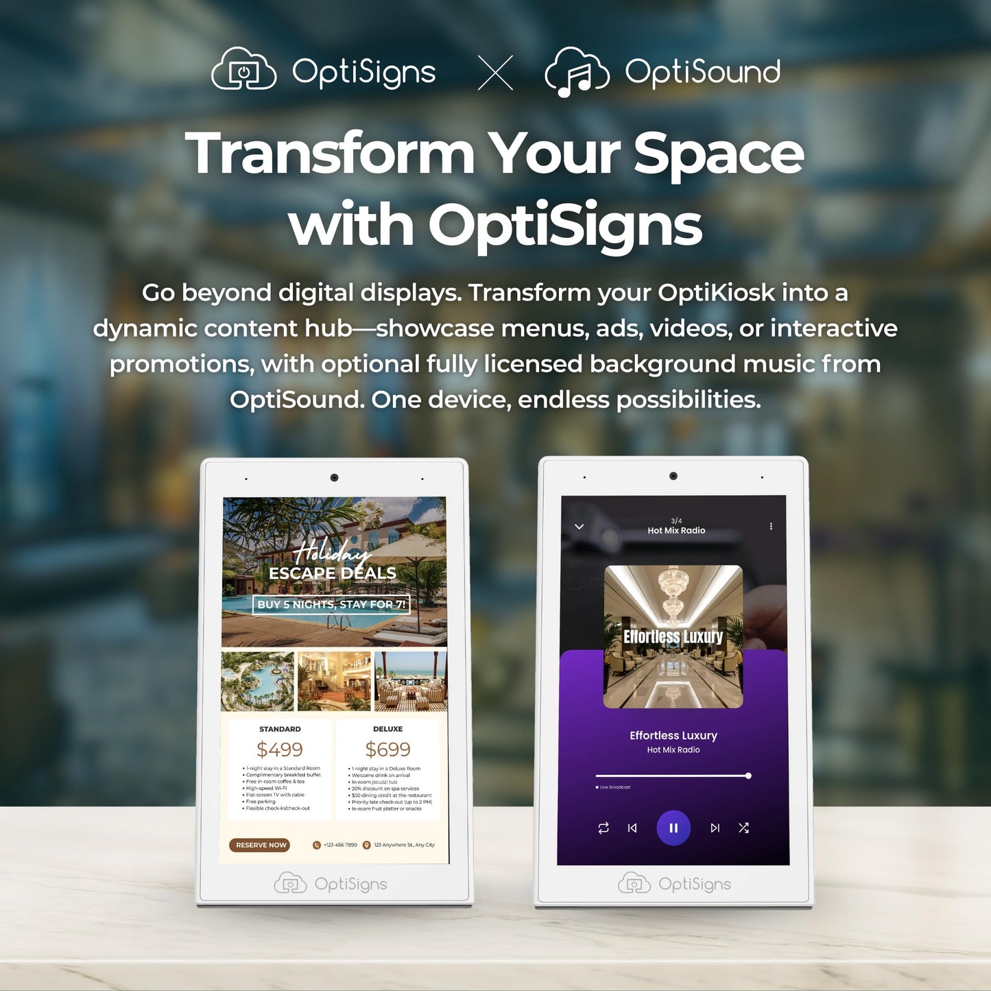 OptiSigns OptiKiosk 10 - Countertop Digital Signage Kiosk, 10.1" HD Touchscreen Display with Wi-Fi, Ethernet & Bluetooth, Software, Optional Background Music