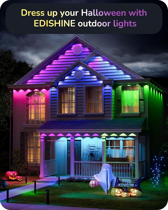EDISHINE 120ft Permanent Outdoor Christmas Lights, 80 LED RGB+IC+Warm/Cool White Eave Light, App/Remote Control, IP67 Waterproof 50 Scene Modes for House and Daily Decor, Alexa Google Enable