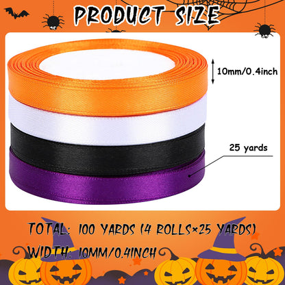 DECYOOL Halloween Ribbons, 4 Rolls 100 Yards Halloween Satin Ribbons 10mm Wide Holiday Gift Wrapping Ribbon for DIY Bows Party Decoration (Orange, Black, Purple, White)