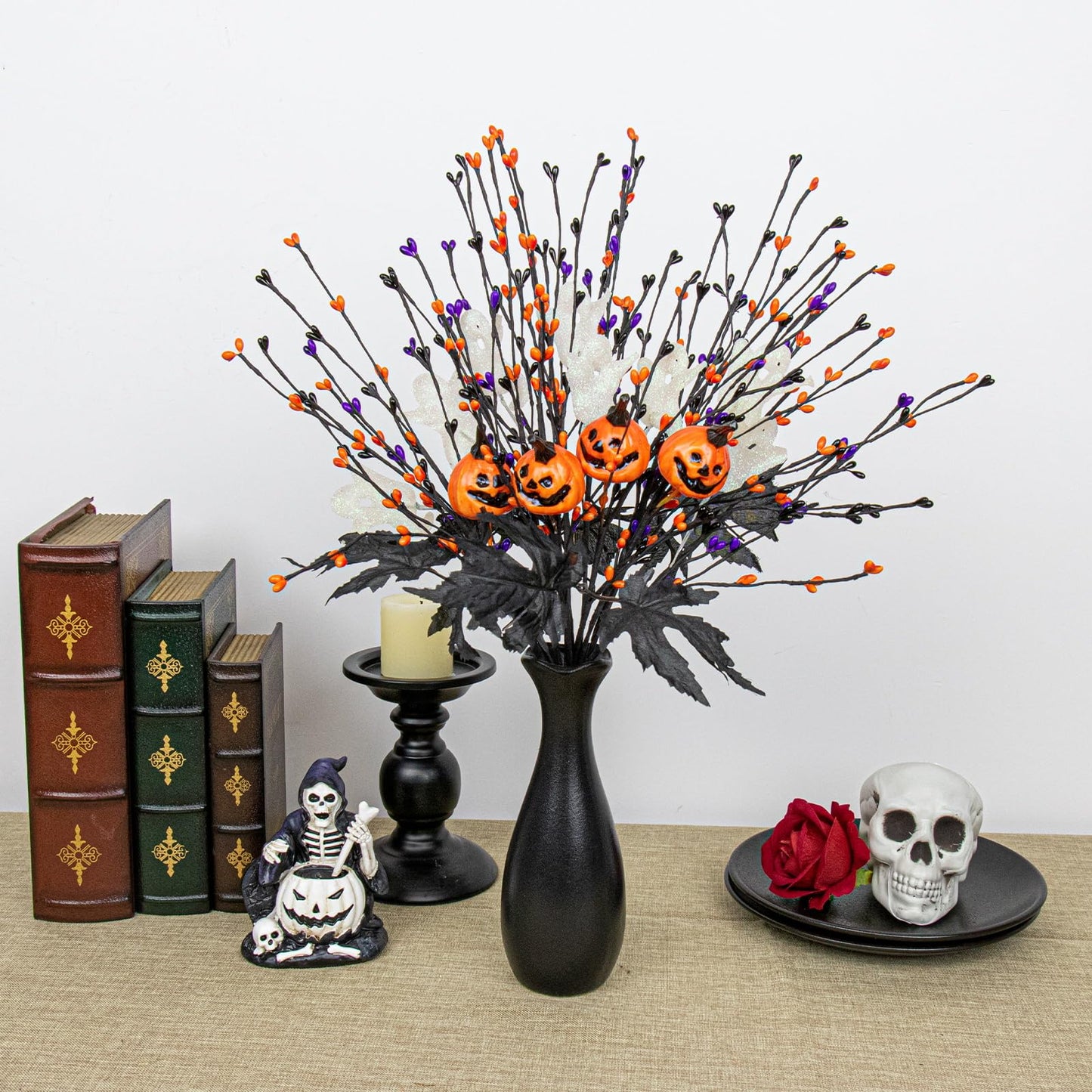 12 PCs Spooky Halloween Flowers Artificial 17 Inches Orange Black Floral Stems Gothic Halloween Pumpkin Stems with Ghost Floral Picks for Vase Floral Arrangements Table Centerpieces Decorations