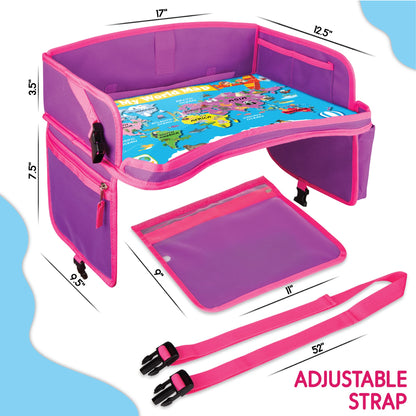 ECOFANTASY Kids Travel Tray - Waterproof Lap Table with No-Drop Large Tablet Holder - Car Seat Tray - Road Trip Essentials Kids - Car Desk Organizer for Airplane - Toddler Travel Essentials (Pink)