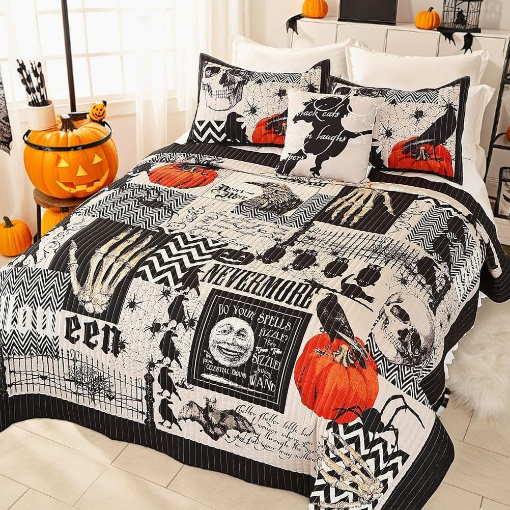 EVENHUG Halloween Quilt Set King Size Bedspread with Pillow Shams Festival Themed Bedding Sets Pumpkin Ghost Coverlet 4 Piece (104"x90")