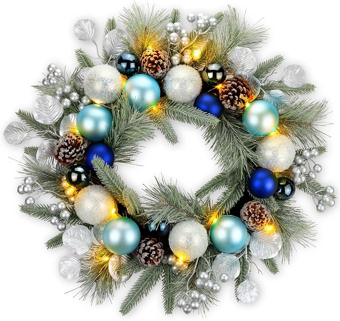 YULETIME 20-inch Christmas Wreath, Battery Operated Holiday Wreath with 20 Fairy Lights, Blue Baubles, Silvery Berries, Pine Cones, Silvery Leaves, Frosted Spruce Branches and Pine Needles (Blue)