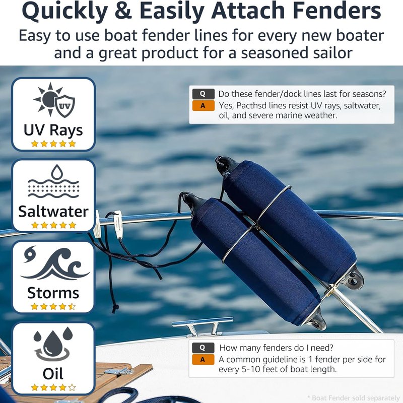 PACTHSD 3/8" x 10' Boat Fender Lines (4-Pack) - Double Braided Nylon Dock Lines for Boats - Marine Grade Fender Ropes with 6" Eye Loop - Soft, Durable Boat Accessories for Pontoon and Small Boats