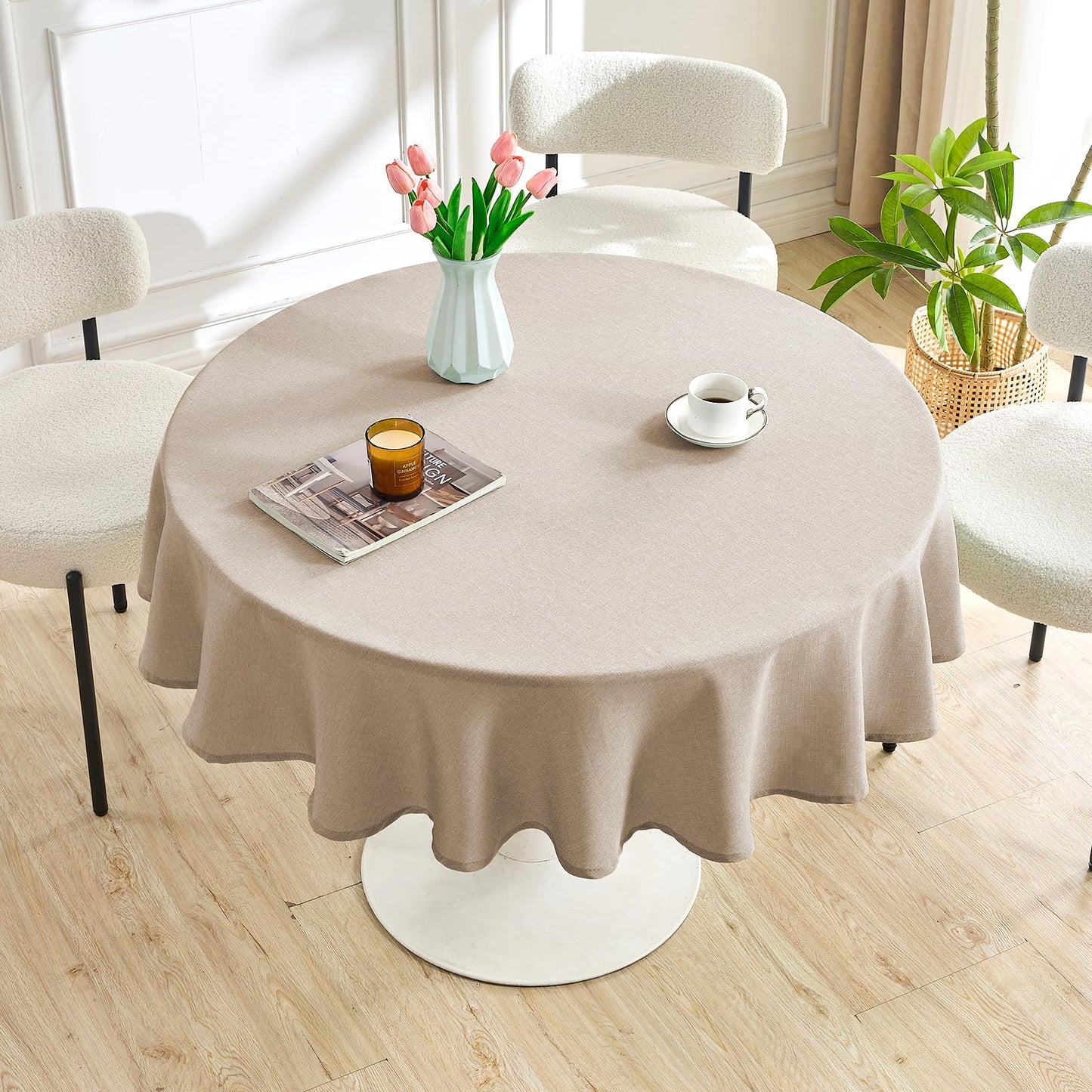 AUSSPVOCT Linen Textured Tablecloth Round Table Cloths 60 inch Water Resistant Spill-Proof Wipeable Tablecloths Wrinkle Free Table Covers for Dining, Farmhouse, Outdoor, Kitchen, Banquet, Khaki