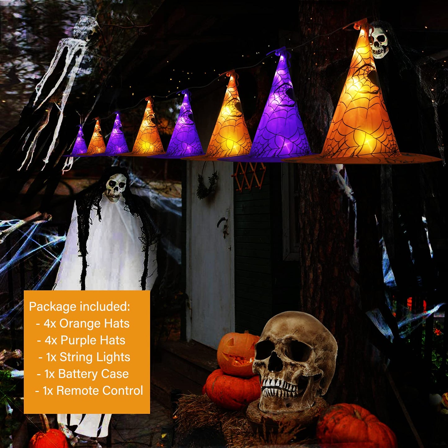 Battery Operated Halloween Lights Witch Hat Decoration,8 Pack Orange and Purple Hanging Lighted Hats with 56 LED Warm White Lights with Remote, Floating Witch Hat Light for Indoor Outdoor Decoration