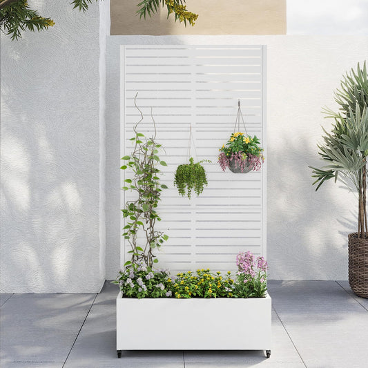 Metal Planter Box with Trellis,72"x35"x15",Privacy planters for Patio,Raised Garden Bed Trellis Outdoor Planter with Wheels and Drainage Holes,for Climbing Vegetables,Flowers,Vines,White