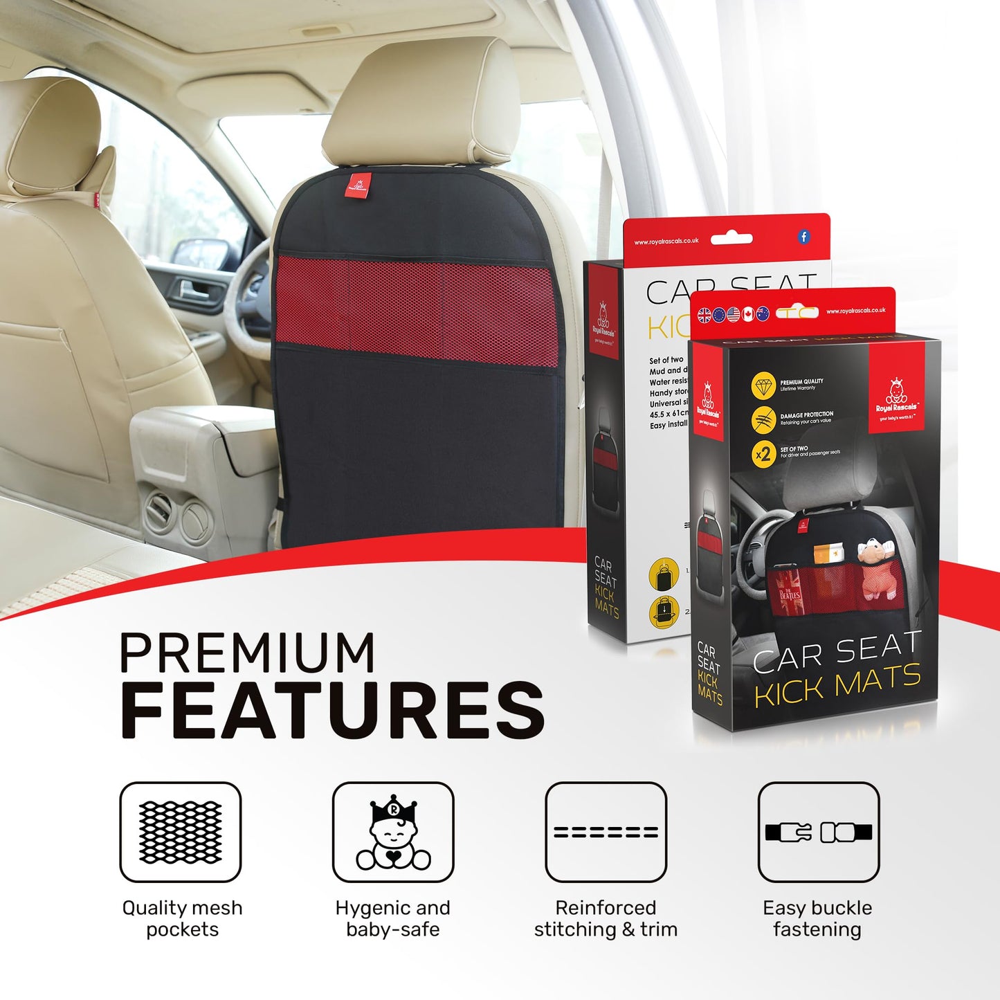 Royal Rascals Car Seat Kick Mats Back Seat Protector (2 Pack) Durable Waterproof Back Seat Organiser for Kids, Car Travel Accessories with Pockets & Storage, Road Trip Essentials, Easy to Install
