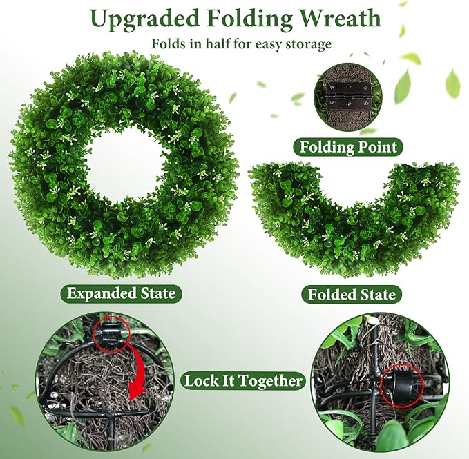 Boxwood Wreaths Front Door 22-24'', Artificial UV Resistant Boxwood Leaves with Flower Core, Greenery Wreath with a Sash for Farmhouse Home Outdoor Indoor Year Round Hanging Decor (Foldable)