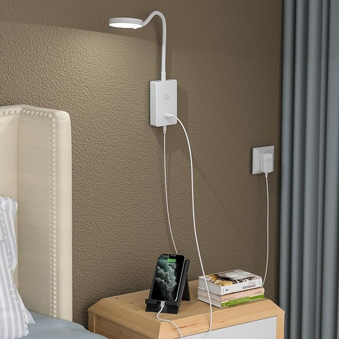 Touch Dimmable LED Bedside Wall Mounted Reading Lamp for Bedroom Nightstand, 4 Brightness Levels (100%- 70%- 35%- 15%), 120° Wide Angle Neutral White Lighting, with 5V2A USB Output Port