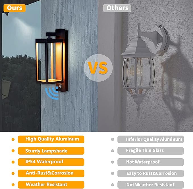 Outdoor Light Wall Sconce Motion Sensor Porch Light for House,15" LED Modern Exterior Lighting Fixture Black,Waterproof Outside Lantern with Clear Glass for Garage Patio Garden,750LM,3000K