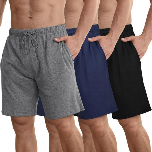 IHU 3 Pack Men's Cotton Pajama Shorts - Soft Sleepwear & Lounge Bottoms with Drawstring & Pockets Sleep Shorts for Men L Black, Navy, Gray