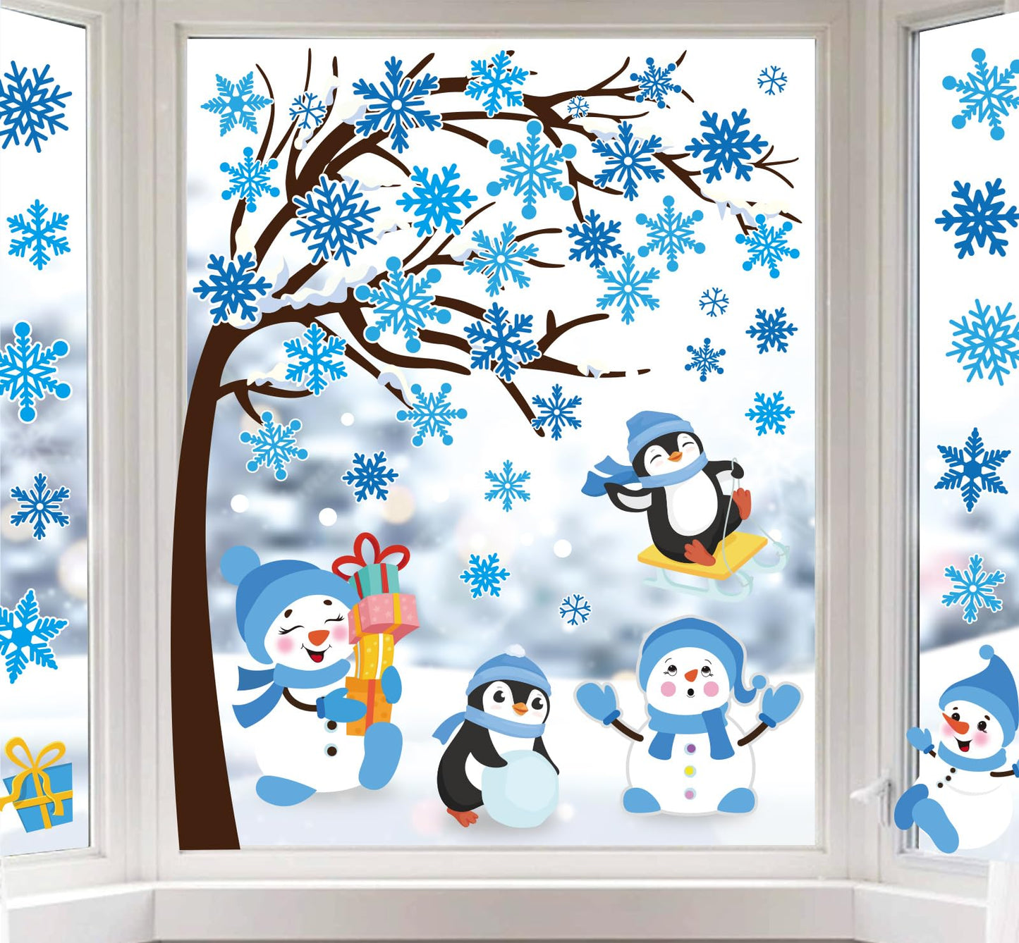 Whaline 6 Sheet Large Winter Window Clings Christmas Snowflake Tree Snowman Penguin Reusable Window Decals for Xmas Party Home Glass Decor (Blue)