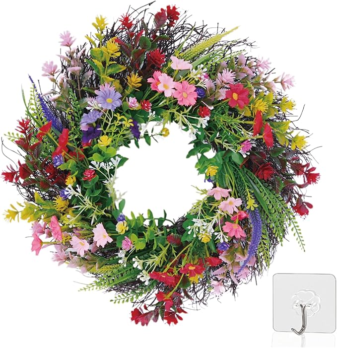 Daisy and Lavender Wildflower Spring and Summer Artificial Spring Wreath Silk Summer for Front Door Home Wall Wedding Festival Farmhouse Holiday Decor with Peg (18 inches)