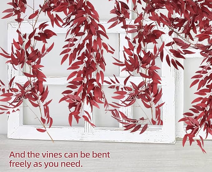 RECUTMS Artificial Hanging Willow Leaves Vine Twigs 2Pcs 5.7Ft Fake Silk Burgundy Leaf Ivy Fall Garland Faux Greenery Indoor Outdoor Valentines Day Wedding Birthday Christmas Thanksgiving Party Decor