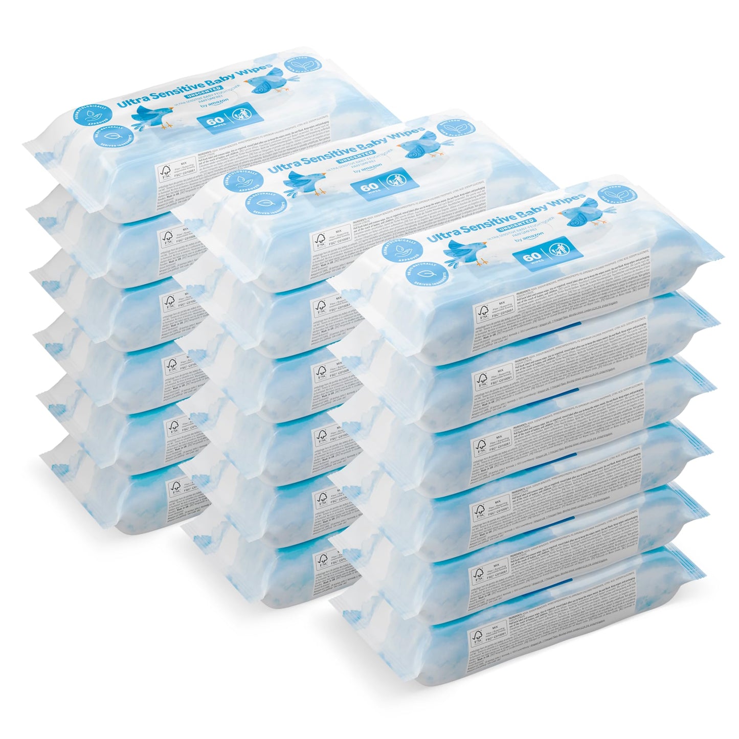 by Amazon Ultra Sensitive Baby Wipes, 100% Plant Based Fibres, 1080 Wipes, Unscented, 18 Pack of 60, (Previously a Mama Bear brand, same product)