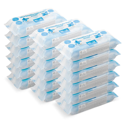 by Amazon Ultra Sensitive Baby Wipes, 100% Plant Based Fibres, 1080 Wipes, Unscented, 18 Pack of 60, (Previously a Mama Bear brand, same product)