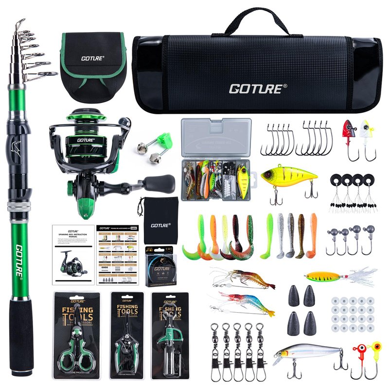 Goture Fishing Rod and Reel Combo - Green Telescoping Fishing Pole Portable Travel Kit with Carrier Bag for Freshwater Saltwater 6FT