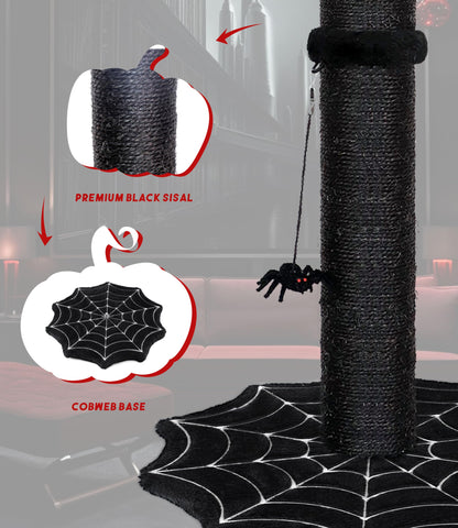 PuzzlePaw Gothic Cat Scratching Post with Spider Dangling Toys for Indoor Cats, Halloween Spooky Cat Scratcher,Activity Cat Play Center Goth Cat Tree Tower Furniture with Cobweb Base,Black