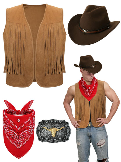Toulite 4 Pcs Western Outfits for Men Cowboy Tassel Vest Hat Belt Buckle Paisley Bandana for Halloween Cosplay (Brown, Coffee, Red,X-Large)