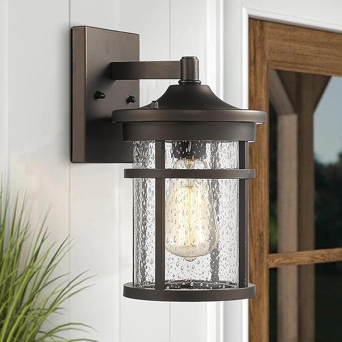 Bestshared Outdoor Wall Light, Exterior Porch Mount Light Fixture, Outdoor Wall Sconce, Front Door Lantern Lamp with Seeded Glass Shade(Oil Rubbed Bronze, 11.3" Height)