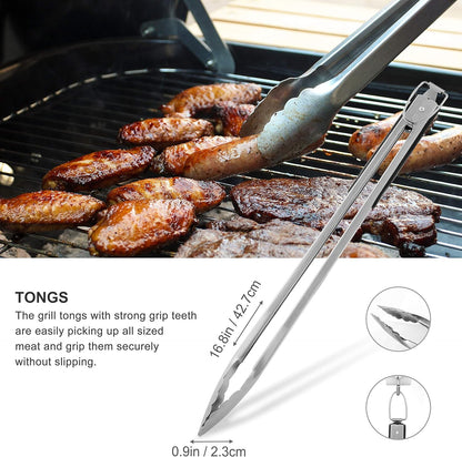 grilljoy 8PCS BBQ Grill Tools Set with Extra Thick Stainless Steel Spatula, Fork, Tongs & Cleaning Brush - Complete Barbecue Accessories Kit with Portable Bag - Perfect Grill Gifts for Men Black