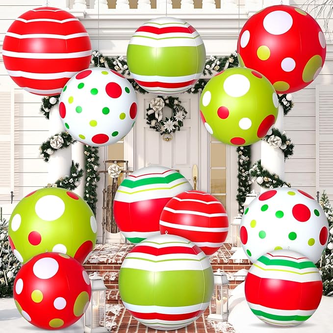 12 Pcs 24/16 Inch Giant Christmas Inflatable Ball Outdoor Blow up Xmas Inflatables Ornaments Giant PVC Christmas Ornaments for Tree Yards Lawns Porch Garden Front Doors Holiday Decor(24,16 Inch)