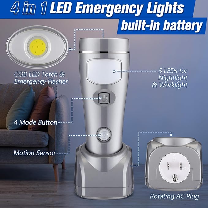 Enhon 6 Pack Rechargeable 4-in-1 LED Emergency Lights, Plug-in Flashlights with Motion Sensor Night Light, Auto-On Power Failure Light for Home, Hurricane, and Outage Supplies