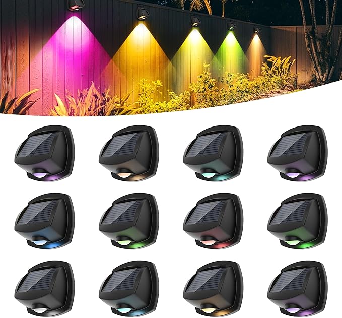 SOLPEX Solar Lights Outdoor Waterproof IP65, Solar Stair Lights Outdoor for Fence, Deck, Step, RGB Multicolor LED 11 Lighting Modes House Wall Light for Porch, Backyard, Fence, Garden Decor-12 Pack
