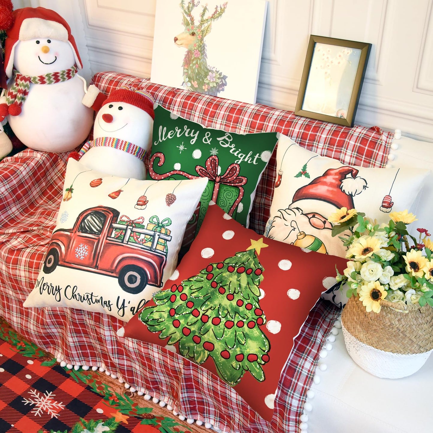 Coliuso Christmas Throw Pillow Covers 18x18 Set of 4 Xmas Series Holiday Cushion Pillow Cover Christmas Decorations for Sofa Couch Bed Farmhouse Outdoor Living Room (Red and Green)