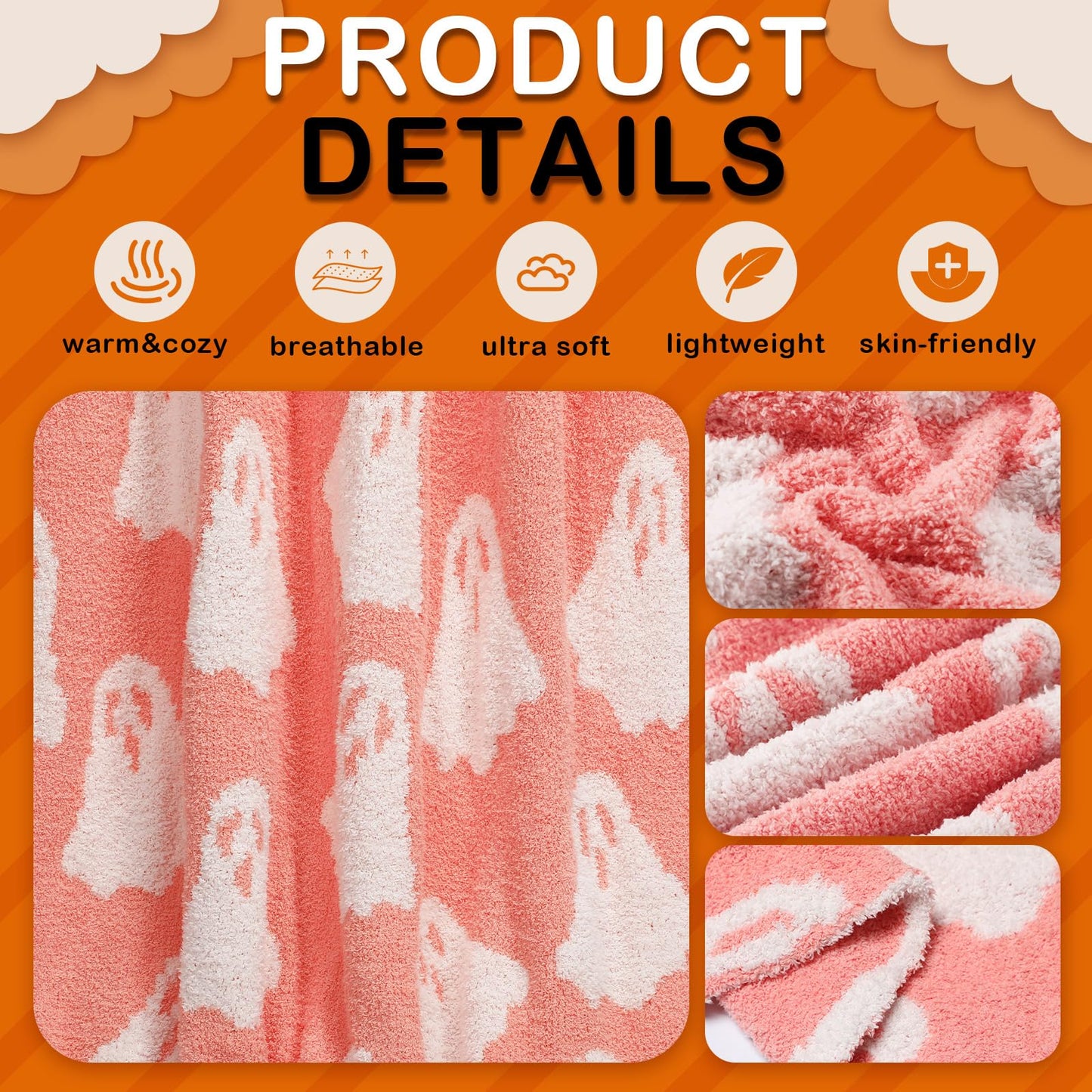 Tingjoo 50 x 60'' Halloween Microfiber Throw Blanket Pink Ghost Blanket Soft, Cozy, Fluffy for Living Room, Sofa, Bed (Ghost, Peach Pink)