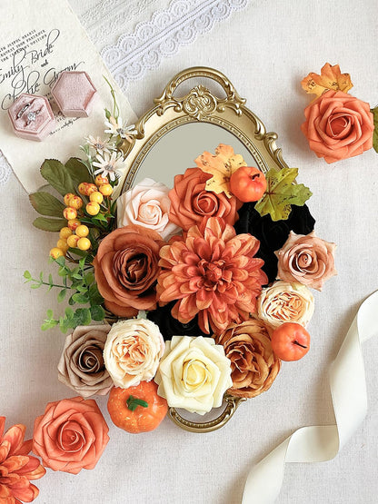FACINOC Roses Artificial Flowers Fall Orange Black Bouquet Box Set for DIY Halloween Wreath Autumn Wedding Bridal Shower Decorations Party Table Centerpieces Fake Floral Arrangement Home Decor Indoor