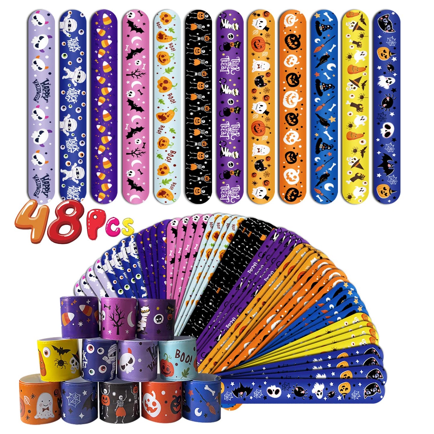 FOIMAS 48pcs Halloween Slap Bracelets, Snap Bracelet Pumpkin Witch Wristband for Kids Trick or Treat Bag Filler Party Favor Supply