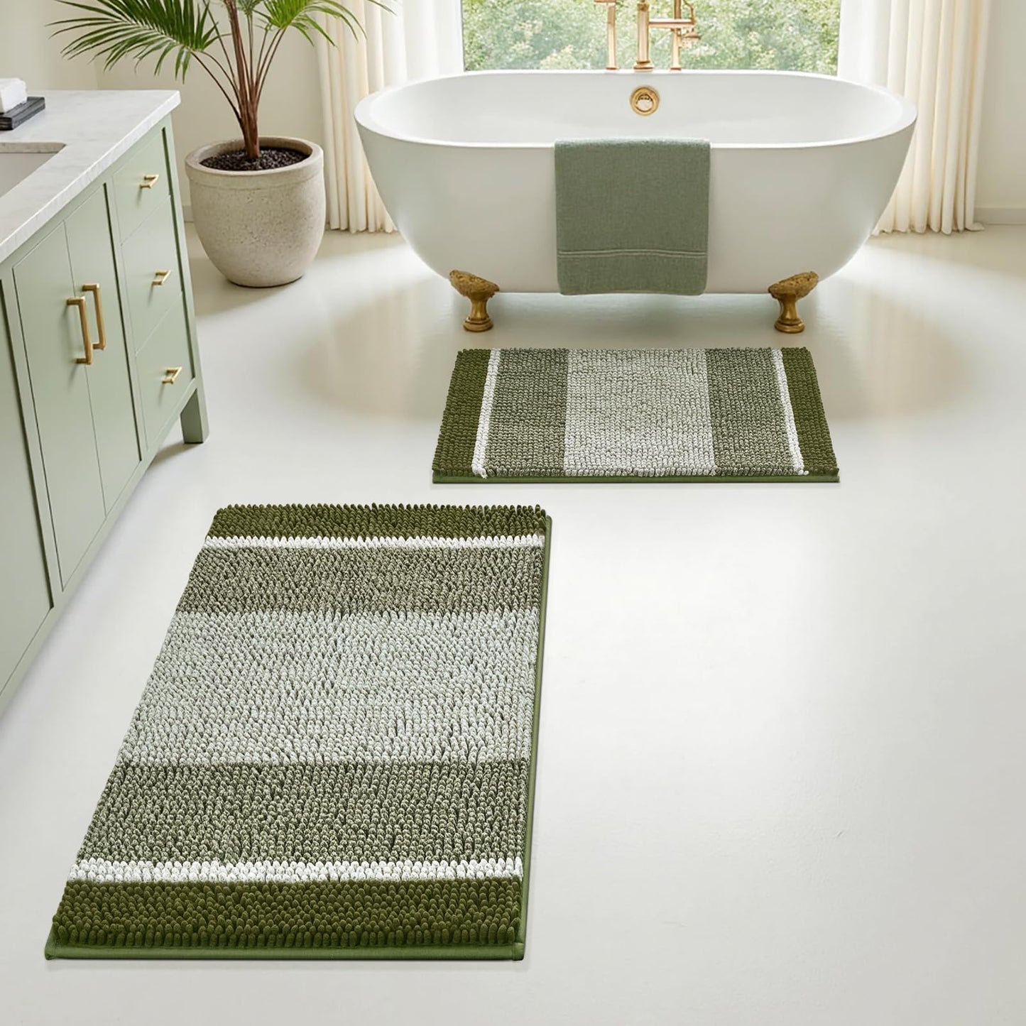 HOMEIDEAS Sage Green Bathroom Rugs, 2 Piece Thick Absorbent Fluffy Striped Chenille Bath Rugs Set, Non Slip, Soft Shaggy Bath Mats for Green Bathroom Decor, 20" x 32" Plus 17" x 24"