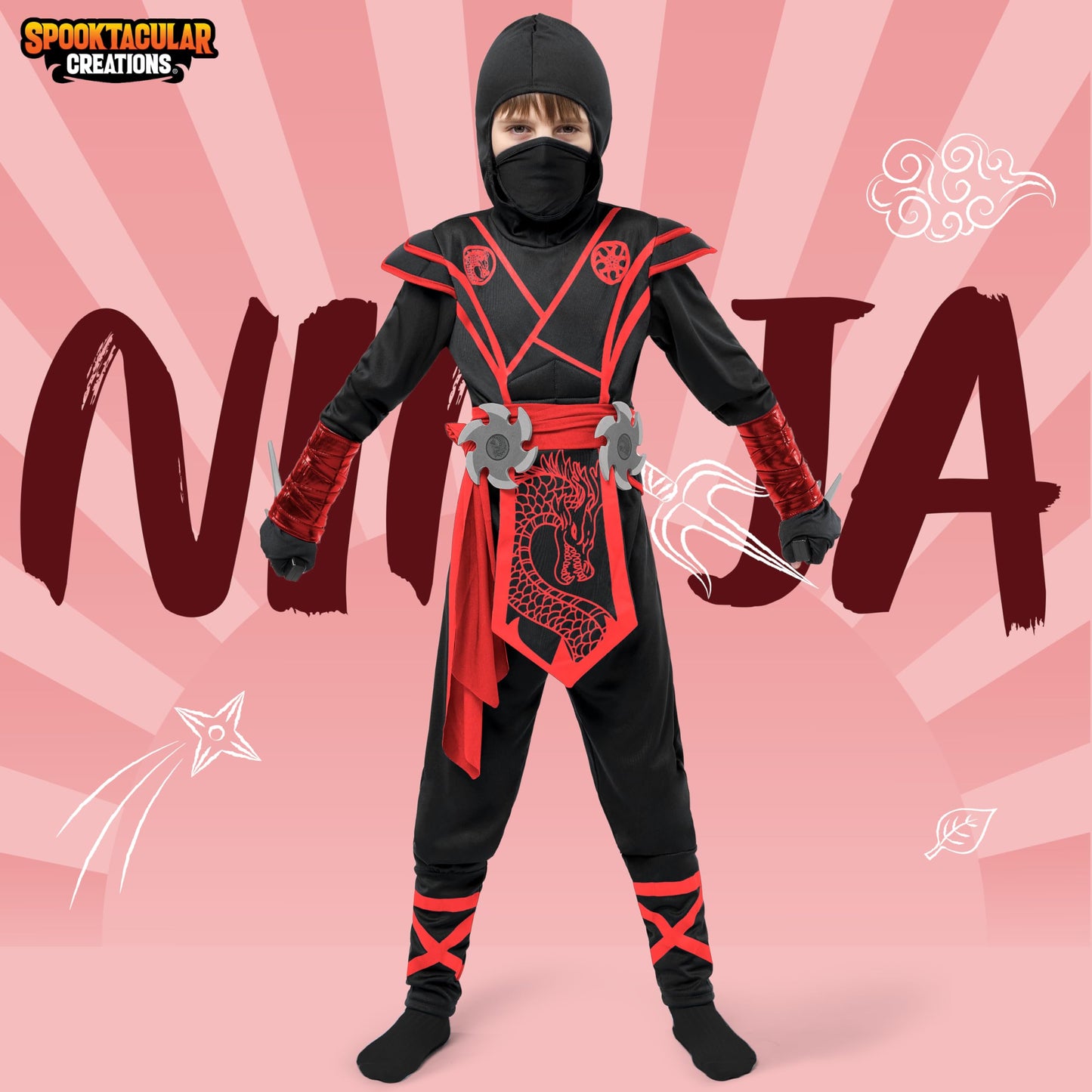 Spooktacular Creations Halloween Ninja Costume Kids, Black Red Ninja Dragon Jumpsuit Set, Boys Halloween Costume for DressUp and RolePlay Party (Medium, 8-10 yrs)