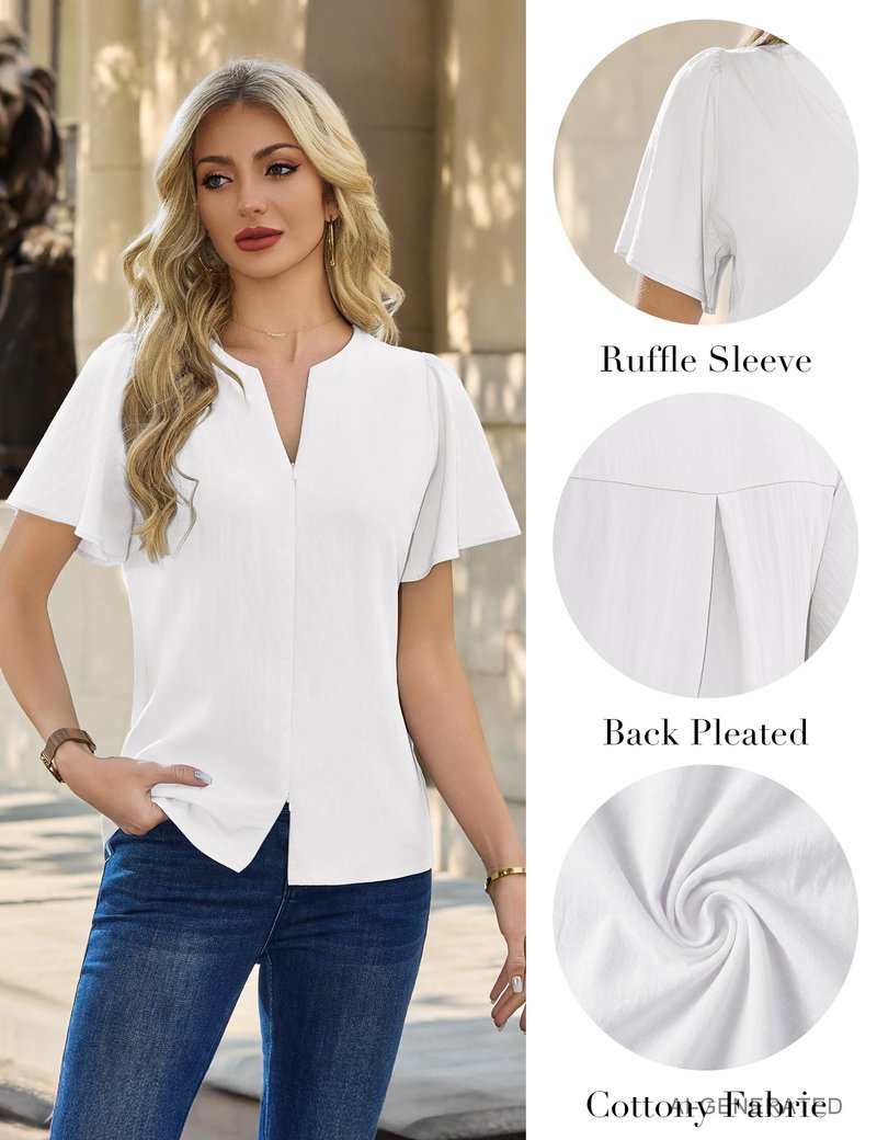Blooming Jelly Womens Dressy Casual Blouses Business Work Summer Tops Zip Ruffle Short Sleeve Cotton Shirts Trendy Spring Outfits (White,Medium)