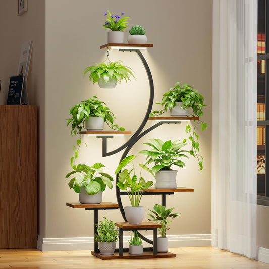 BACEKOLL Plant Stand Indoor with Grow Lights, 7 Tiered Plant Shelf Indoor, 44" Corner Plant Stands for Indoor Plants, Tall Plant Flower Display Shelf, S-Shaped Plant Rack for Home, Living Room, Black