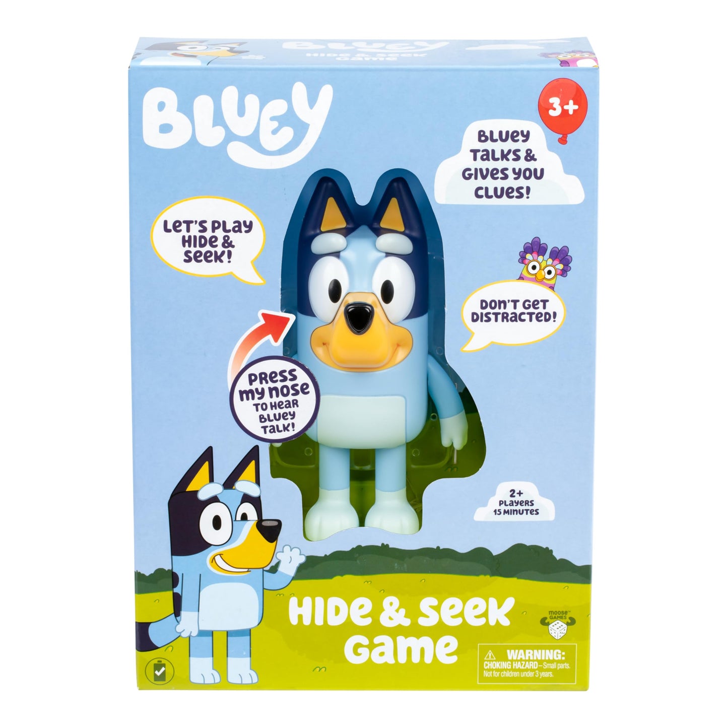 Bluey Hide & Seek Game, Hide The Figure and Press her Nose to Start The Built-in Timer, Talks and Giggles to Help Kids find her, When Found, Kids can Dance to Theme Song
