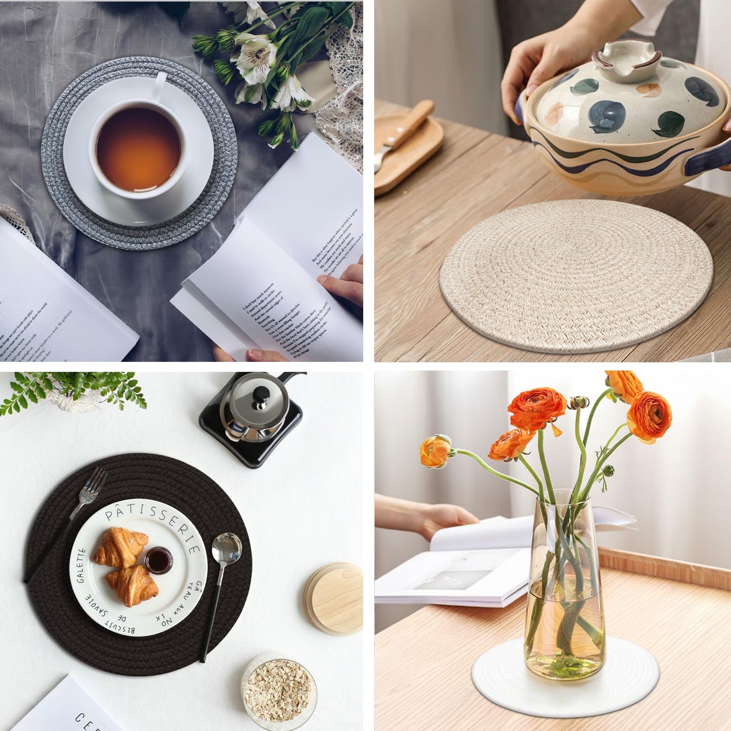 Round Placemats Set of 6, Cotton Rope Woven Table Mats, Hot Pads for Kitchen, Non Slip Heat Resistant Place Mats, 13 Inches Braided Placemat for Farmhouse Decor and Kitchen Table Decor (Black)