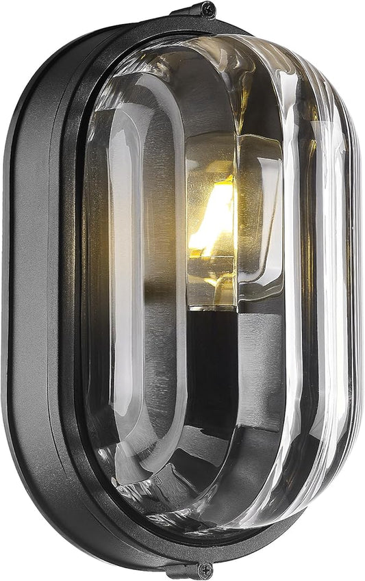 FEMILA 11" Oval Bulkhead Exterior Wall Sconce, Modern Outdoor Wall Lantern, Aluminum, Ripple Glass, IP44, E26, Front Porch Light for Patio/Garage/Entry, 4FYX104FL BK SW