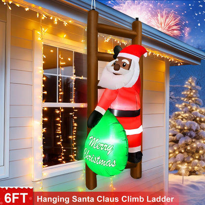 6 FT Hanging Christmas Inflatables Black Santa Claus with Gift Bag Climbing on Ladder, Blow Up African American Christmas Decorations Outdoor Build-in LED Lights for Garden Decor Xmas Holiday Party