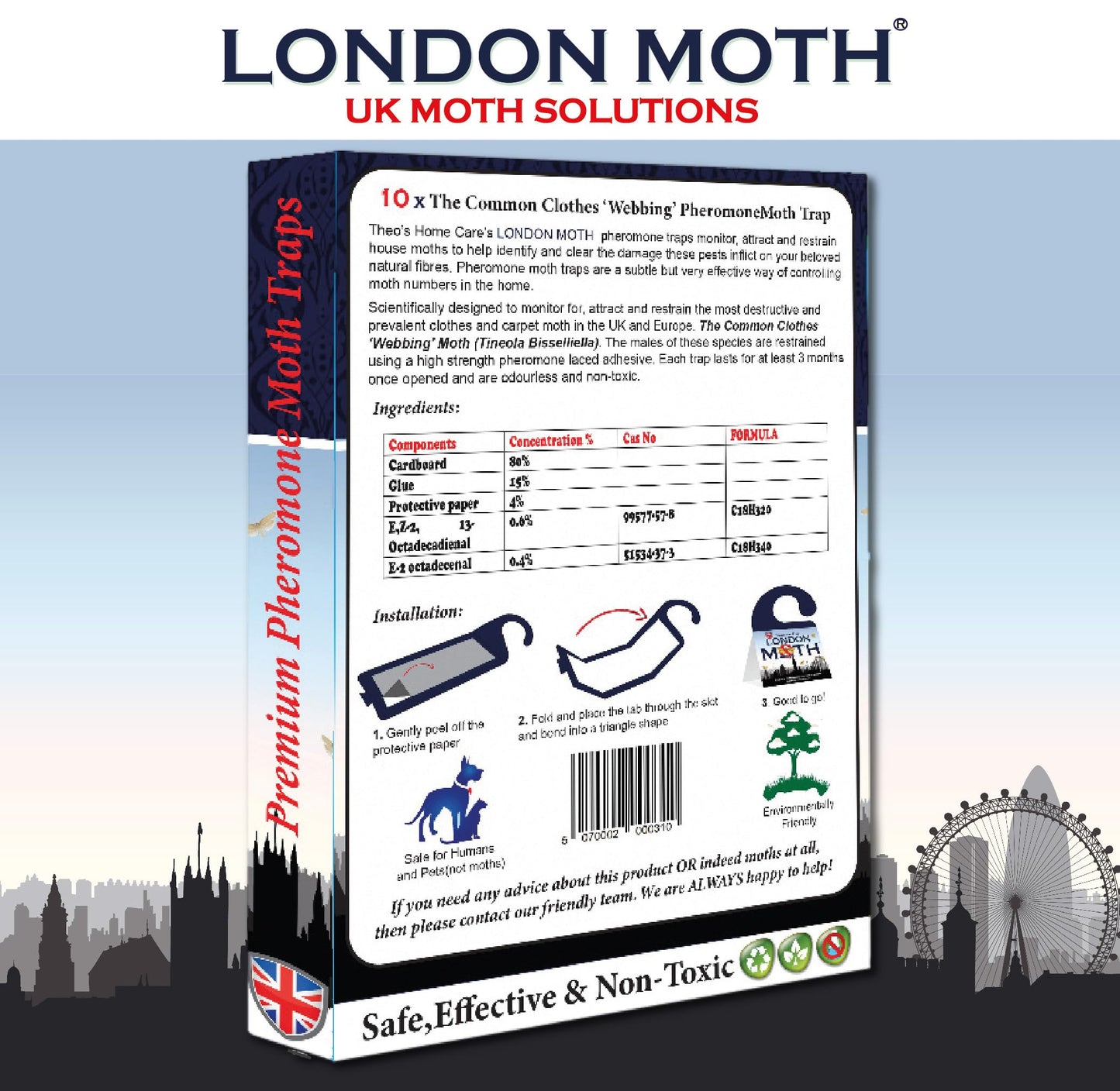 LONDON MOTH KILLER 10 (TEN) Premium Sticky Pheromone Moth Traps for the Common Clothes Moth and Similar Variants, for Wardrobes, Clothes and Carpets. inc. eBook